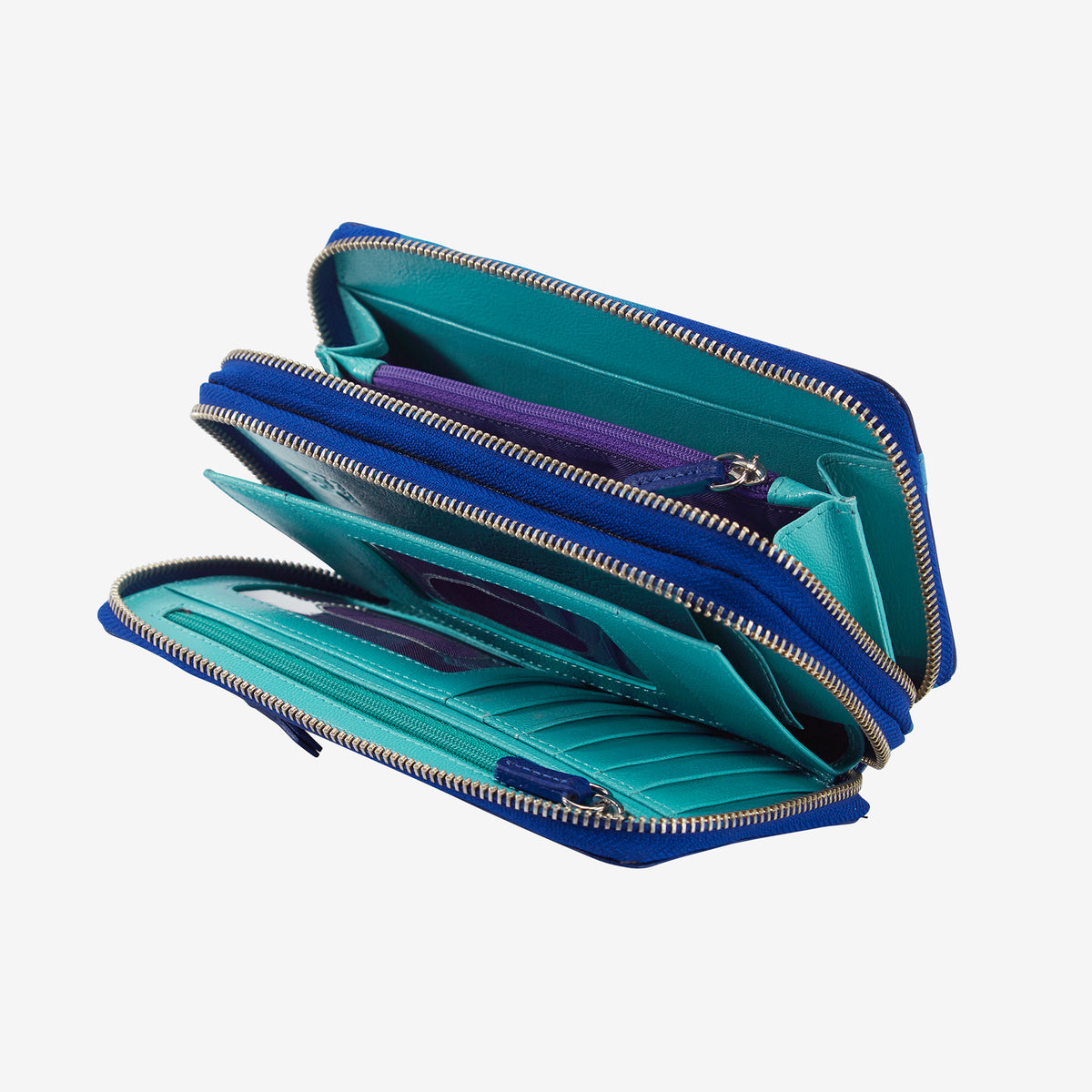 tusk 443 leather double zip wallet indigo and french blue open - INDIGO/FRENCH BLUE