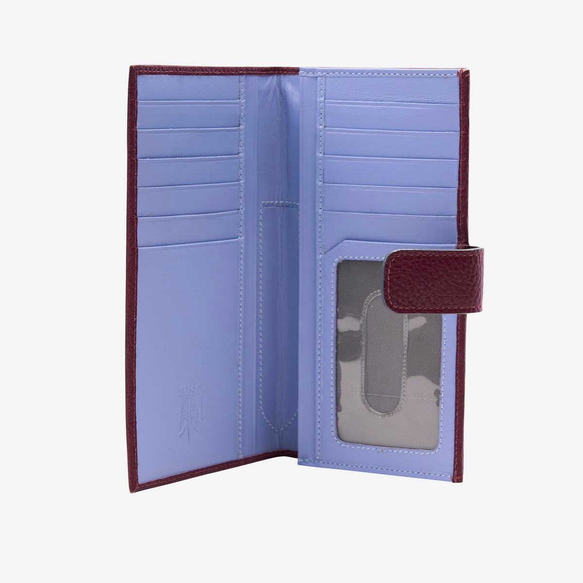 Open maroon wallet with brown leather strap on a white background - OXBLOOD