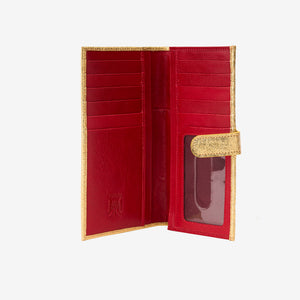 Red interior of metallic leather wallet standing  a white background - GOLD
