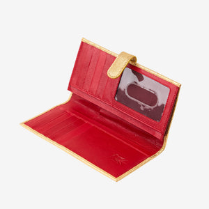 Red interior of metallic leather wallet with  on a white background - GOLD