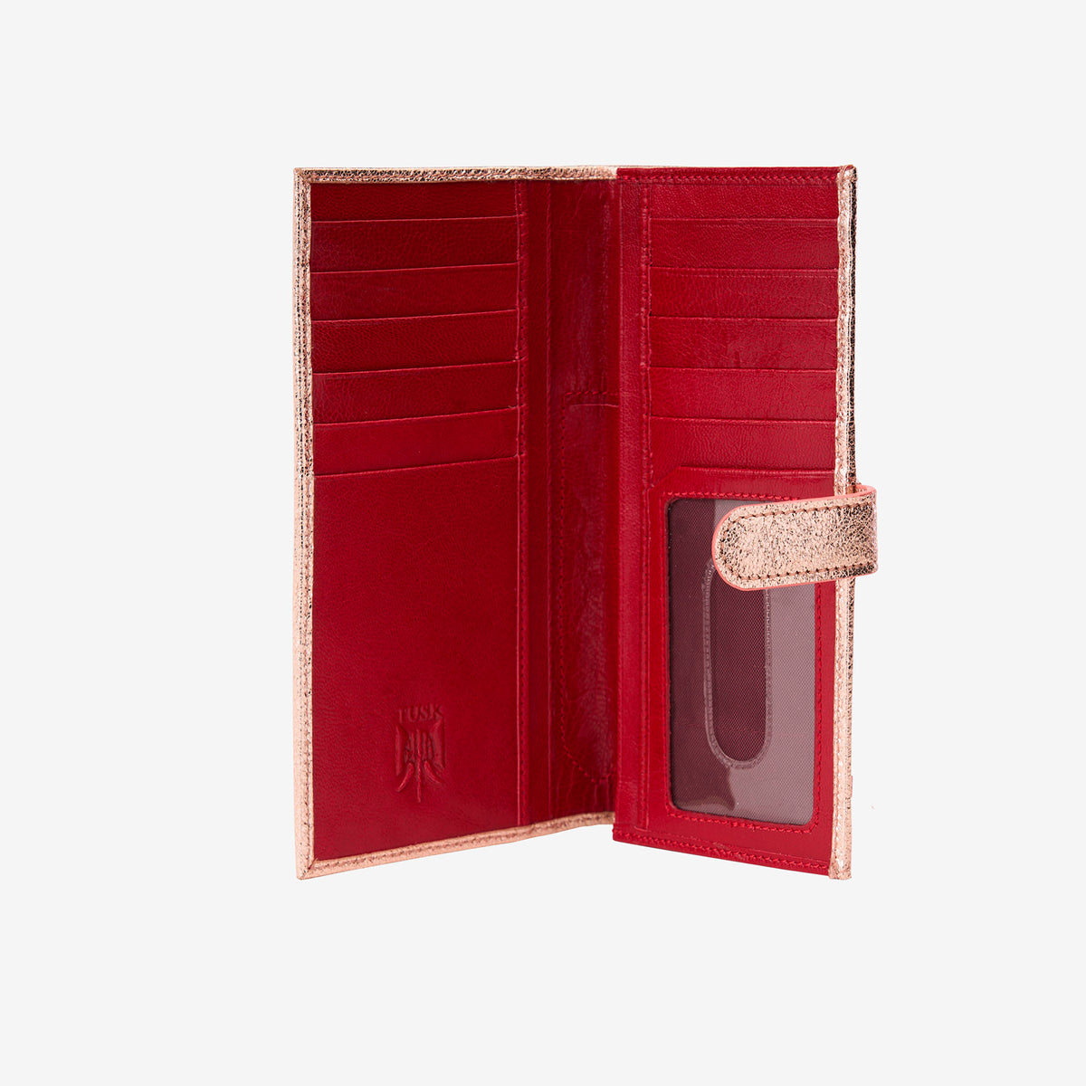 Red interior of gold matallic leather wallet standing on a white background - ROSE GOLD