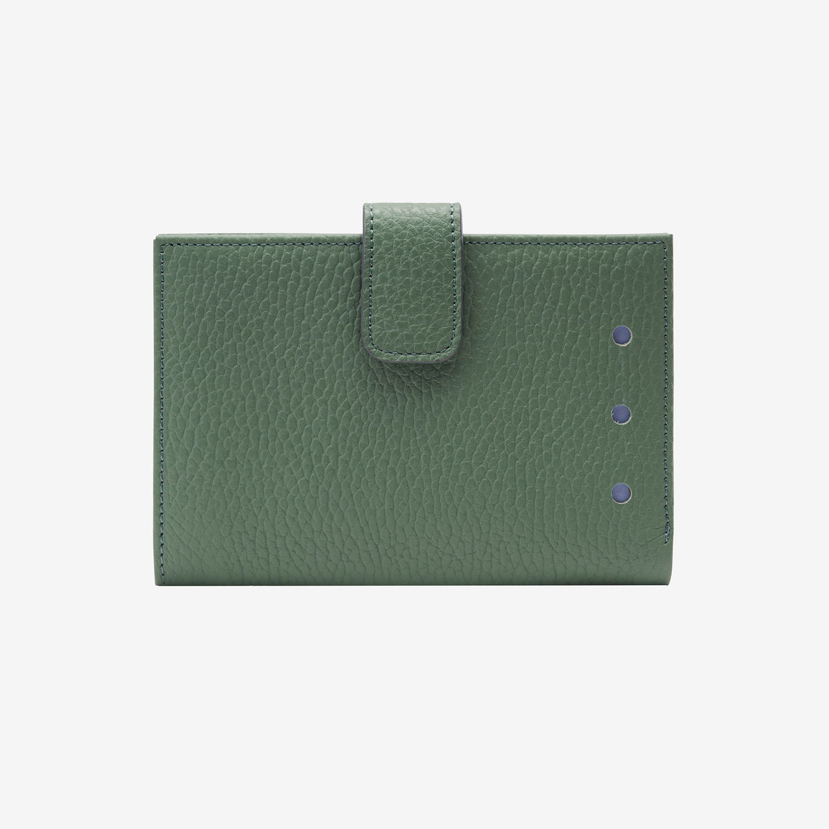 Green leather wallet with a flap on a light gray background - FOREST