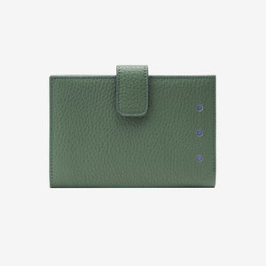 Green leather wallet with a flap on a light gray background - FOREST