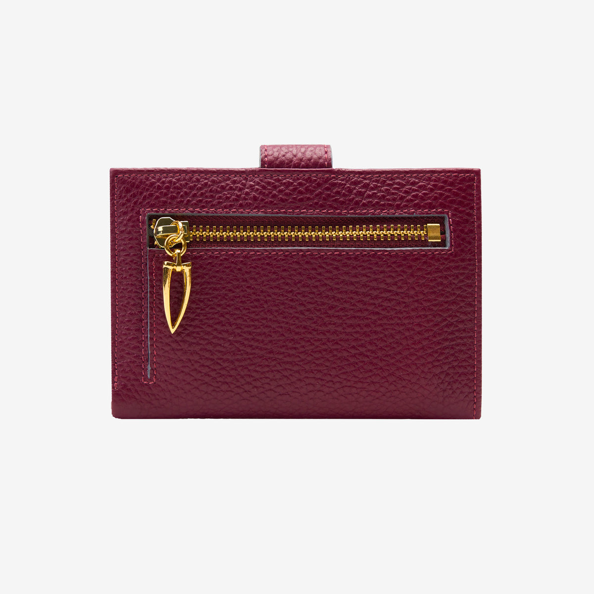 Burgundy leather wallet with a zipper on a light gray background - OXBLOOD