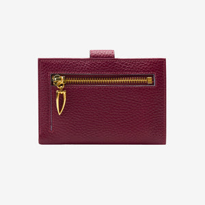 Burgundy leather wallet with a zipper on a light gray background - OXBLOOD