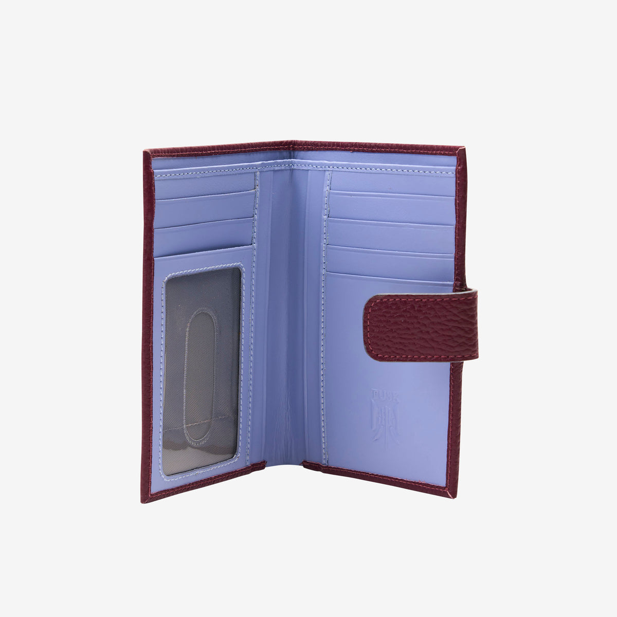 Burgundy leather wallet shown open with id and card slots with a flap on a light gray background -OXBLOOD