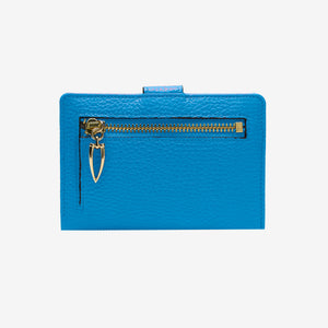 Tusk Ascot 465 Azure pebble-grain leather slim wallet, back view with gold zipper and pull - AZURE