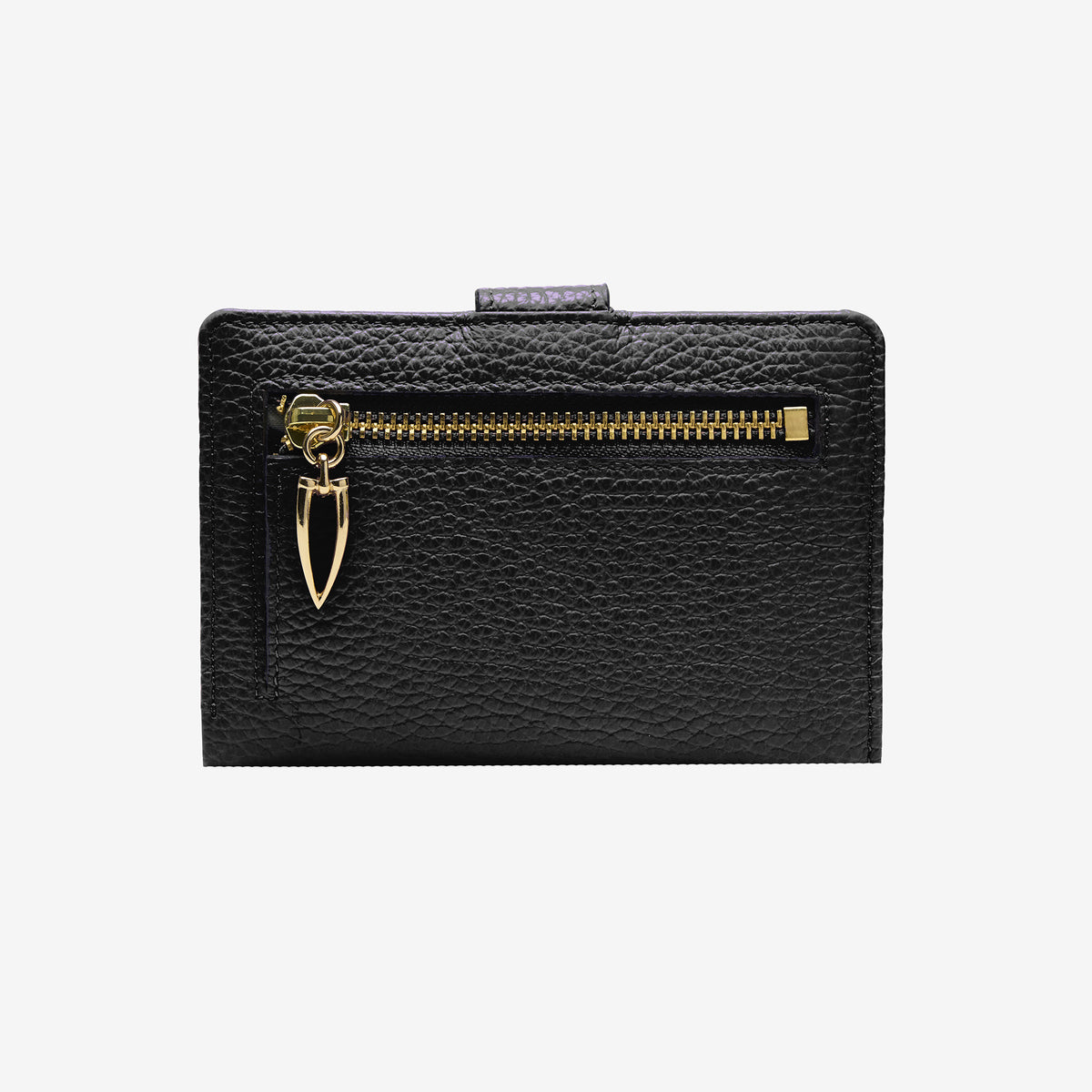 Tusk Ascot 465 black pebble-grain leather slim wallet, back view with gold zipper and pull - BLACK