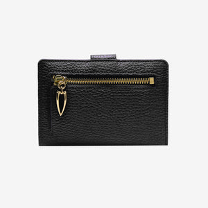 Tusk Ascot 465 black pebble-grain leather slim wallet, back view with gold zipper and pull - BLACK