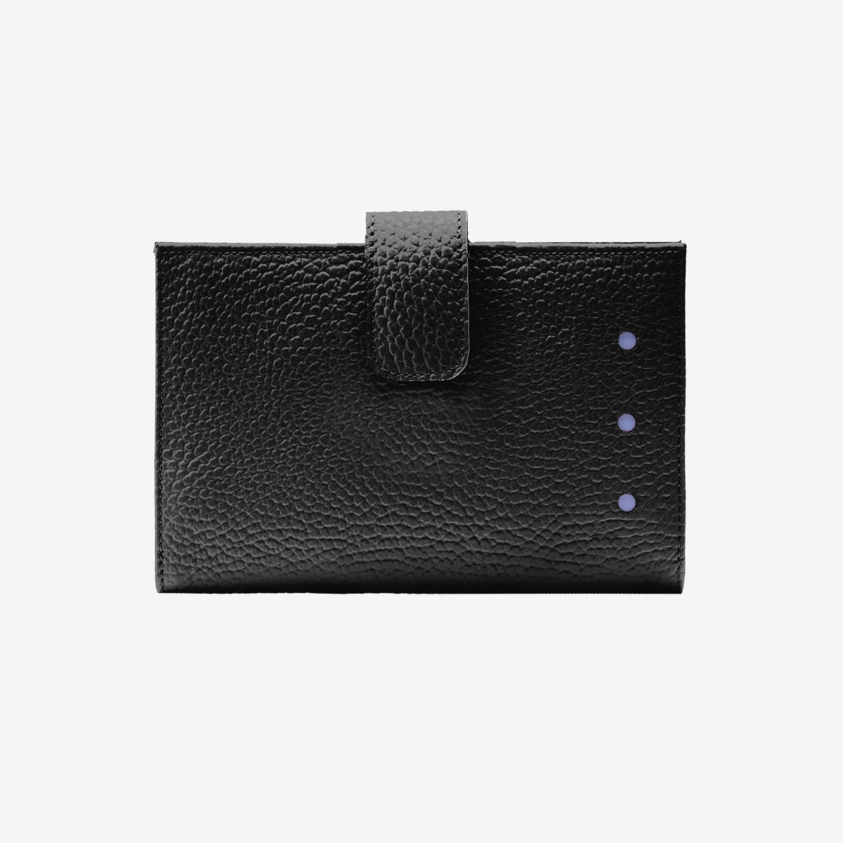 Tusk Ascot 465 black pebble-grain leather slim wallet, front view with blue interior visible through three holes - BLACK