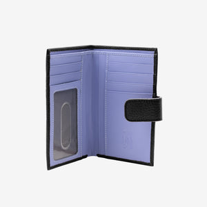 Tusk Ascot 465 black pebble-grain leather slim wallet, open view with lavender-blue card slots and ID window - BLACK