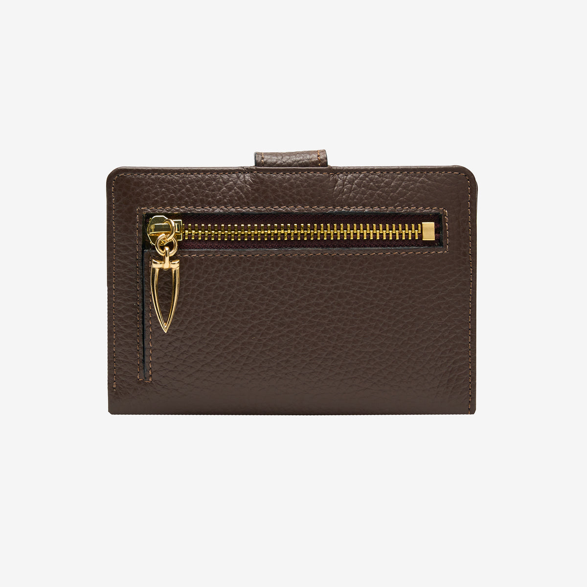 Tusk Ascot 465 Espresso pebble-grain leather slim wallet, back view with gold zipper and pull - ESPRESSO