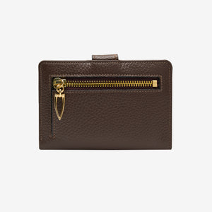 Tusk Ascot 465 Espresso pebble-grain leather slim wallet, back view with gold zipper and pull - ESPRESSO