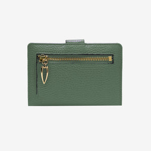 Tusk Ascot 465 Forest pebble-grain leather slim wallet, back view with gold zipper and pull - FOREST