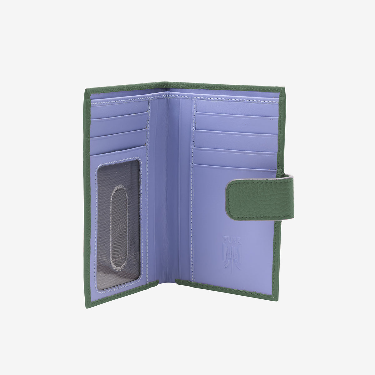 Tusk Ascot 465 Forest pebble-grain leather slim wallet, open view with lavender-blue card slots and ID window - FOREST