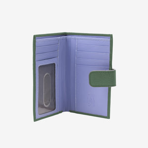 Tusk Ascot 465 Forest pebble-grain leather slim wallet, open view with lavender-blue card slots and ID window - FOREST