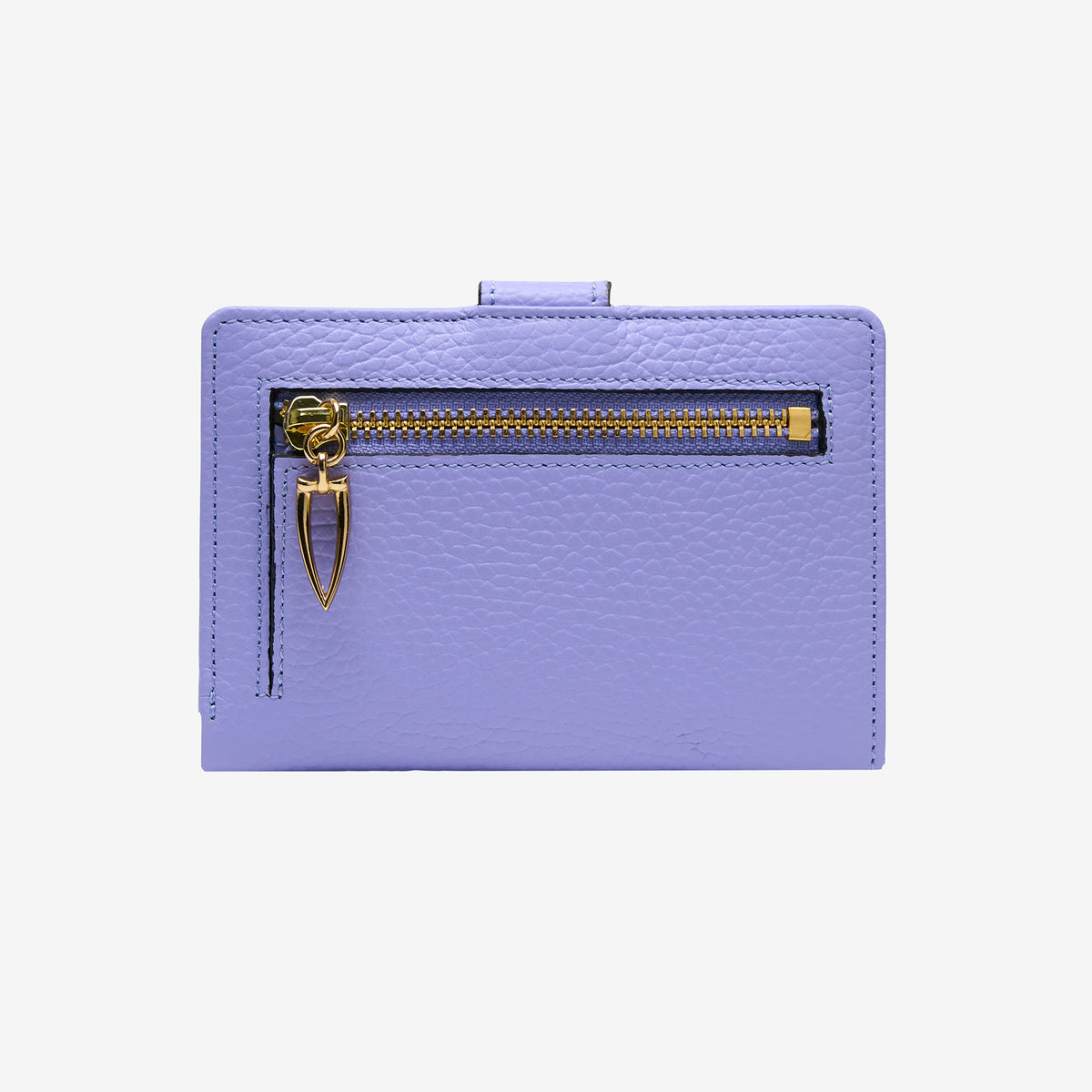 Tusk Ascot 465 Lavender pebble-grain leather slim wallet, back view with gold zipper and pull - LAVENDER