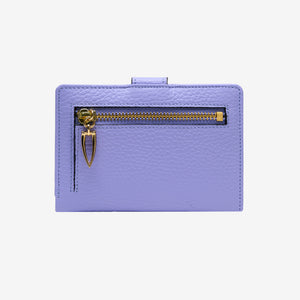 Tusk Ascot 465 Lavender pebble-grain leather slim wallet, back view with gold zipper and pull - LAVENDER