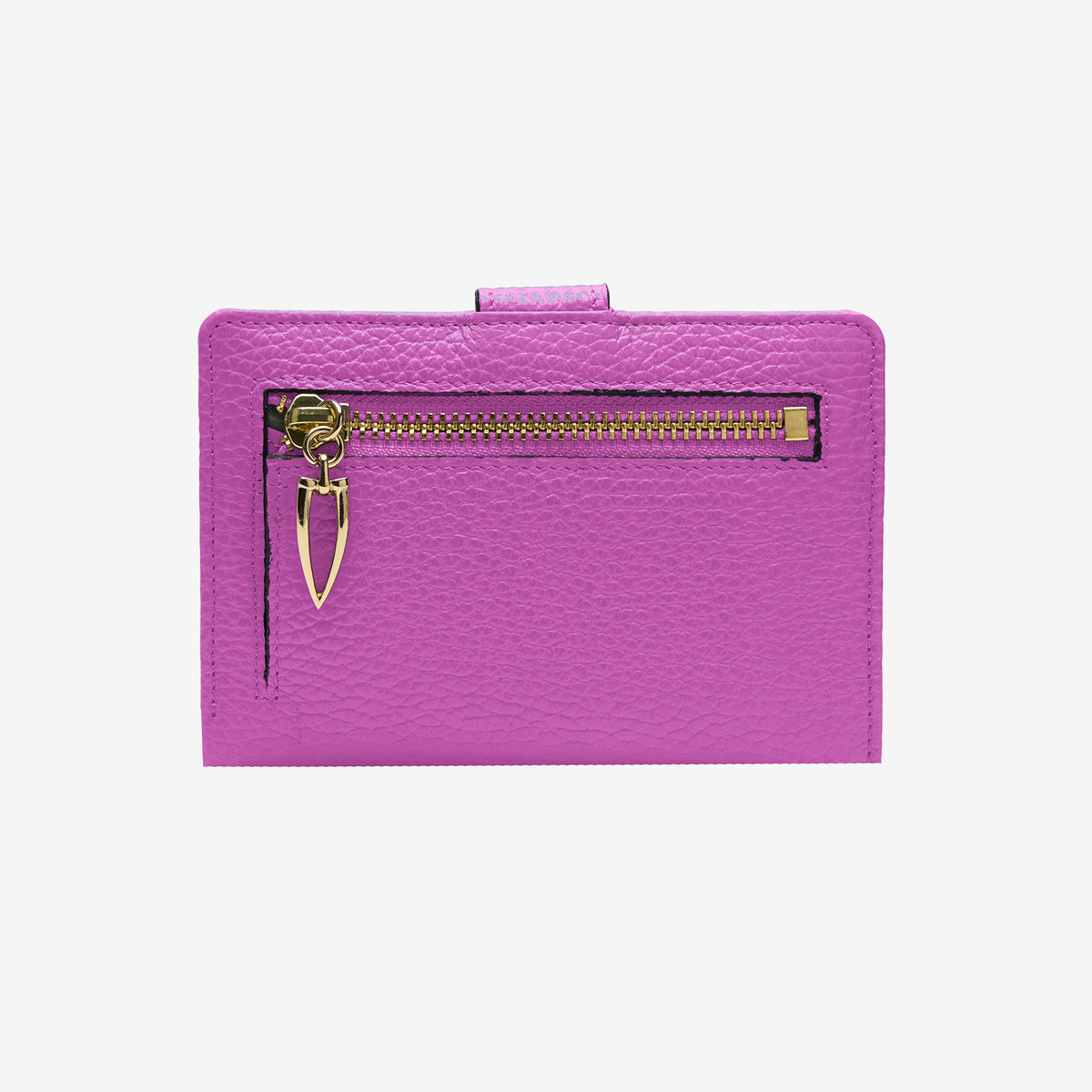 Tusk Ascot 465 Magenta pebble-grain leather slim wallet, back view with gold zipper and pull - MAGENTA