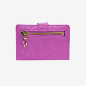 Tusk Ascot 465 Magenta pebble-grain leather slim wallet, back view with gold zipper and pull - MAGENTA