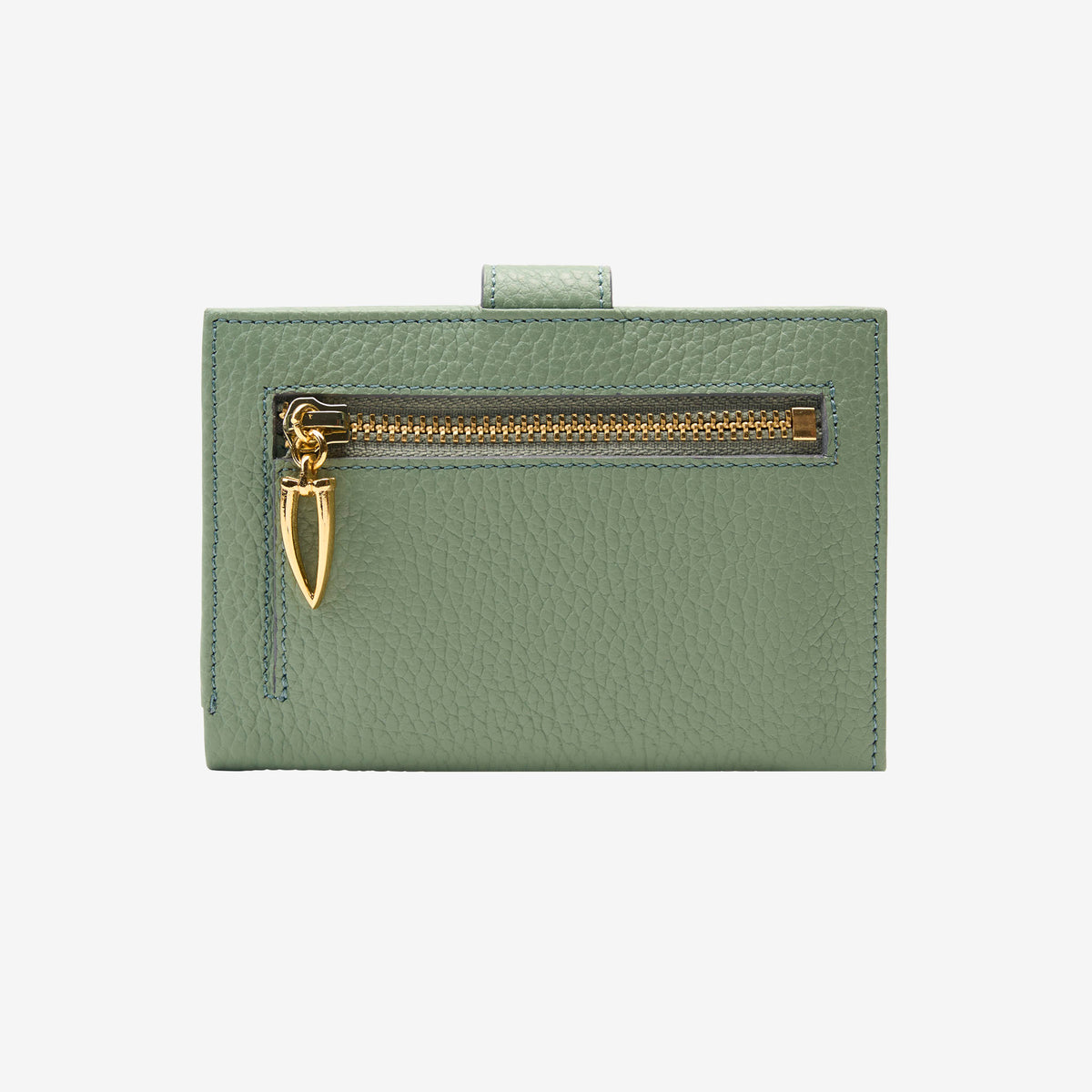 Tusk Ascot 465 Sage pebble-grain leather slim wallet, back view with gold zipper and pull - SAGE