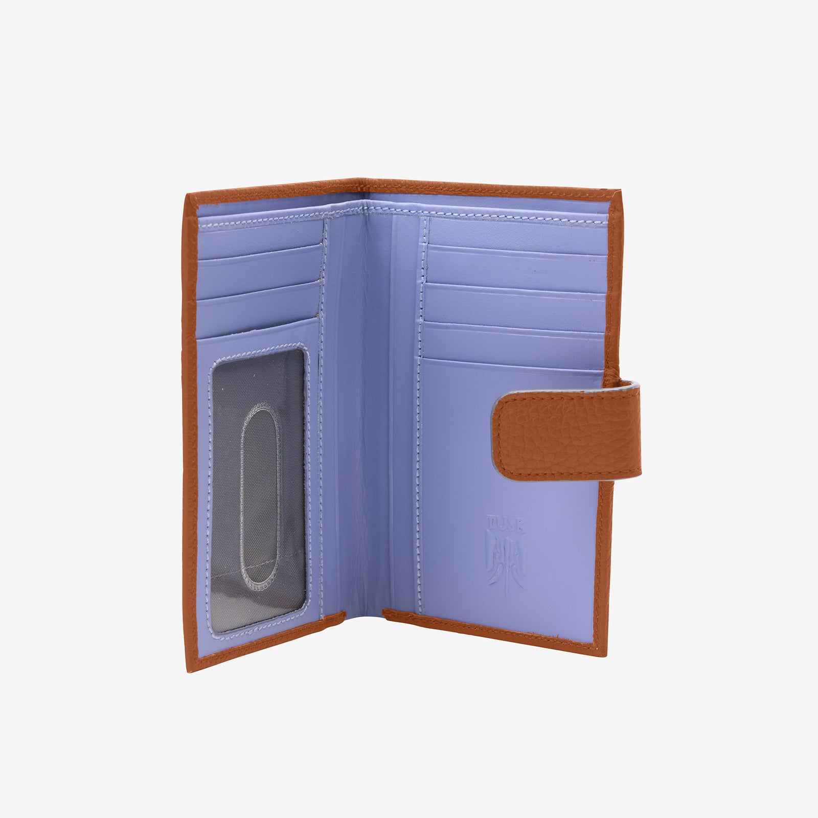 Brown leather wallet with a flap on a light gray background - TOAST