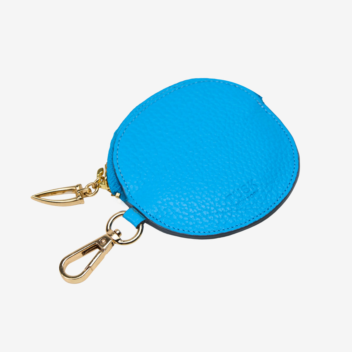Blue round keychain charm with gold clip on a white background - AZURE