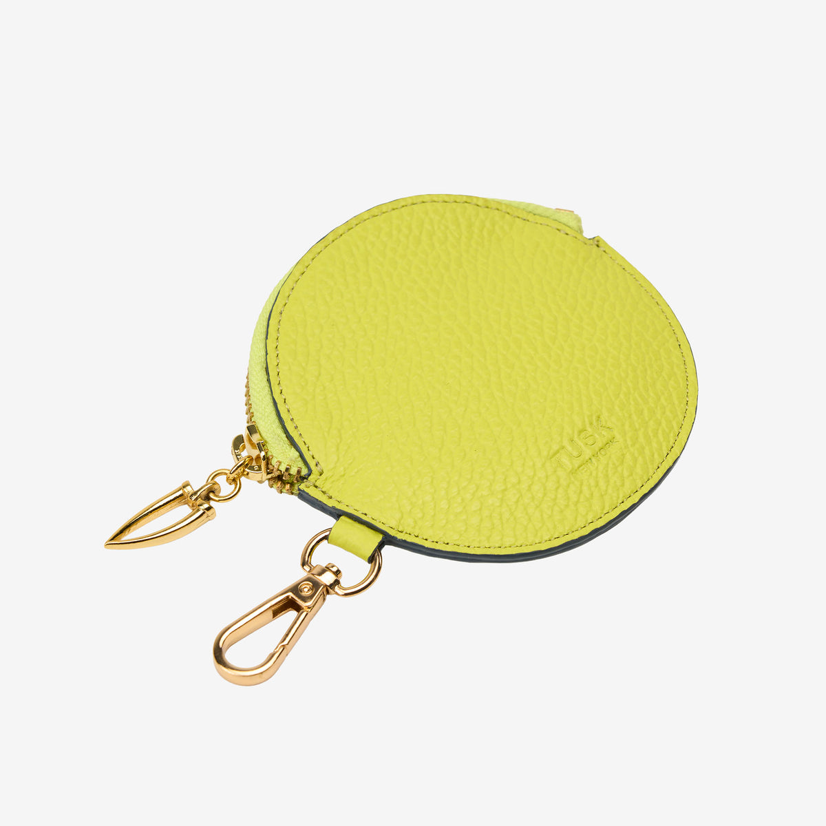 Yellow round keychain charm with gold clip on a white background - LIME