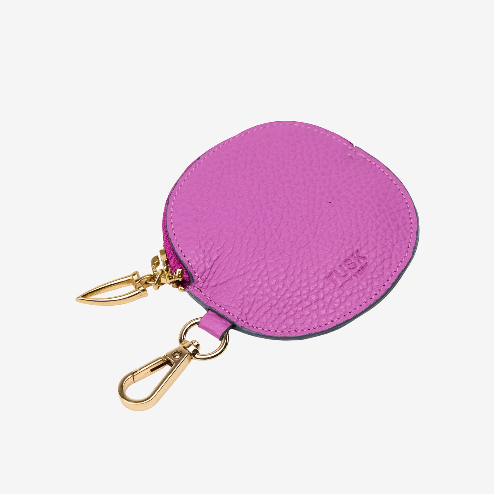Magenta round keychain charm with gold clip on a white background - MAGENTA