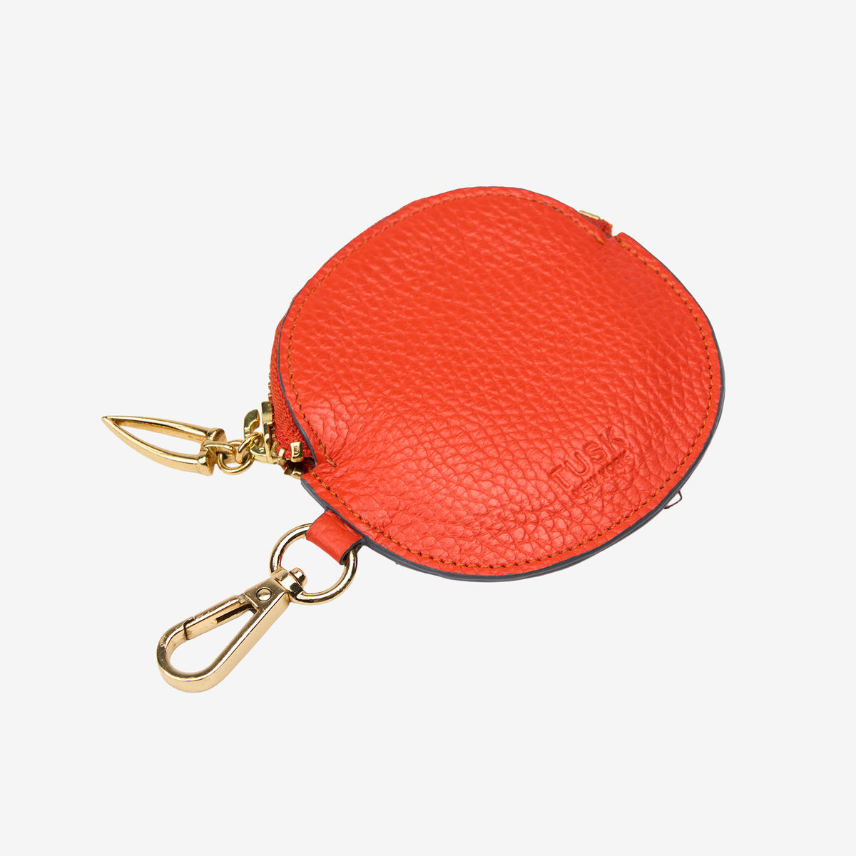 Orange round keychain charm with gold clip on a white background - ORANGE