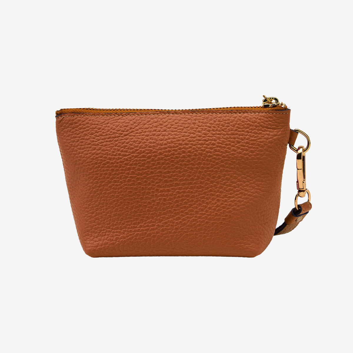 Brown leather cosmetic pouch with a gold zipper and matching strap on a light gray background - TOAST