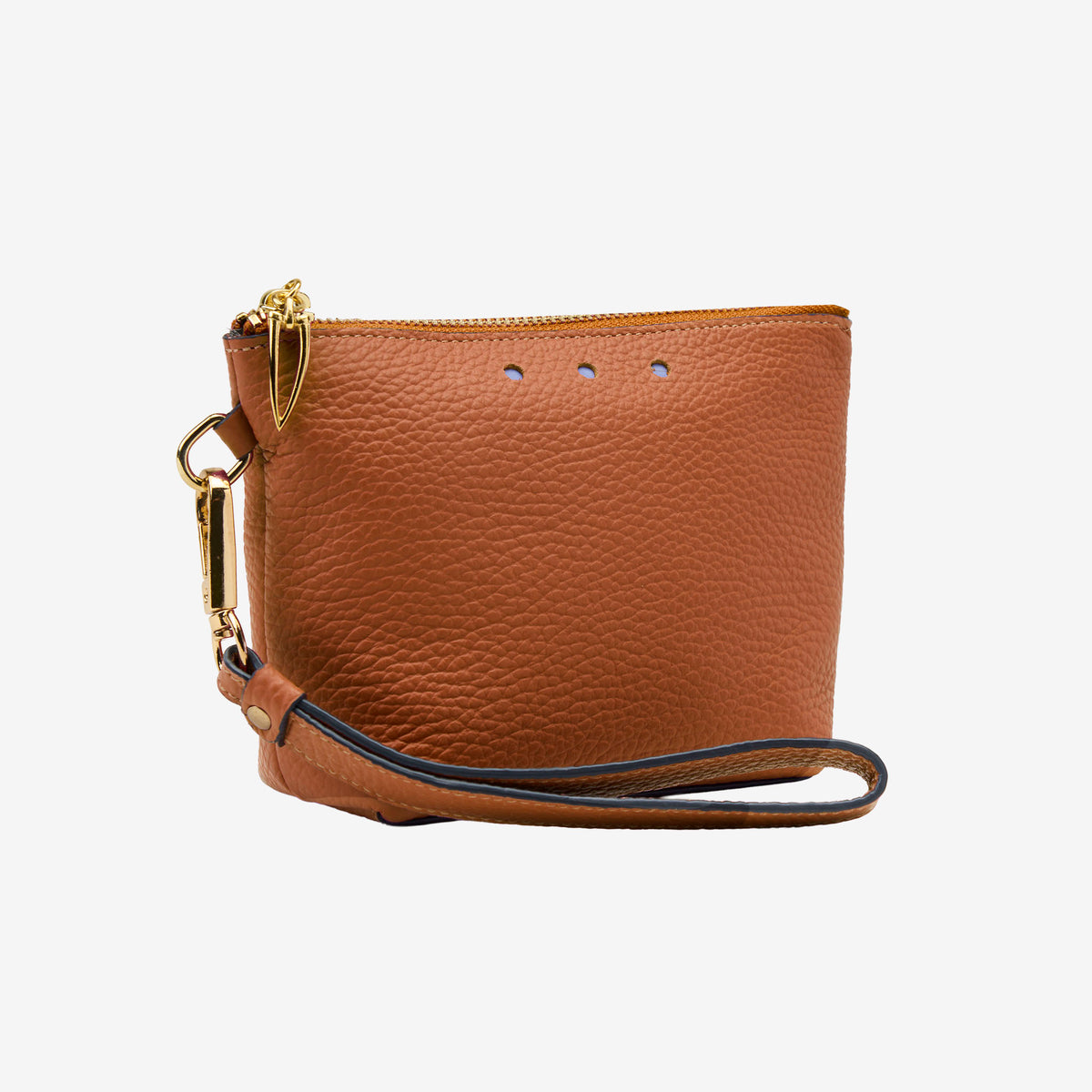 Brown leather cosmetic pouch with gold zipper on a white background - TOAST