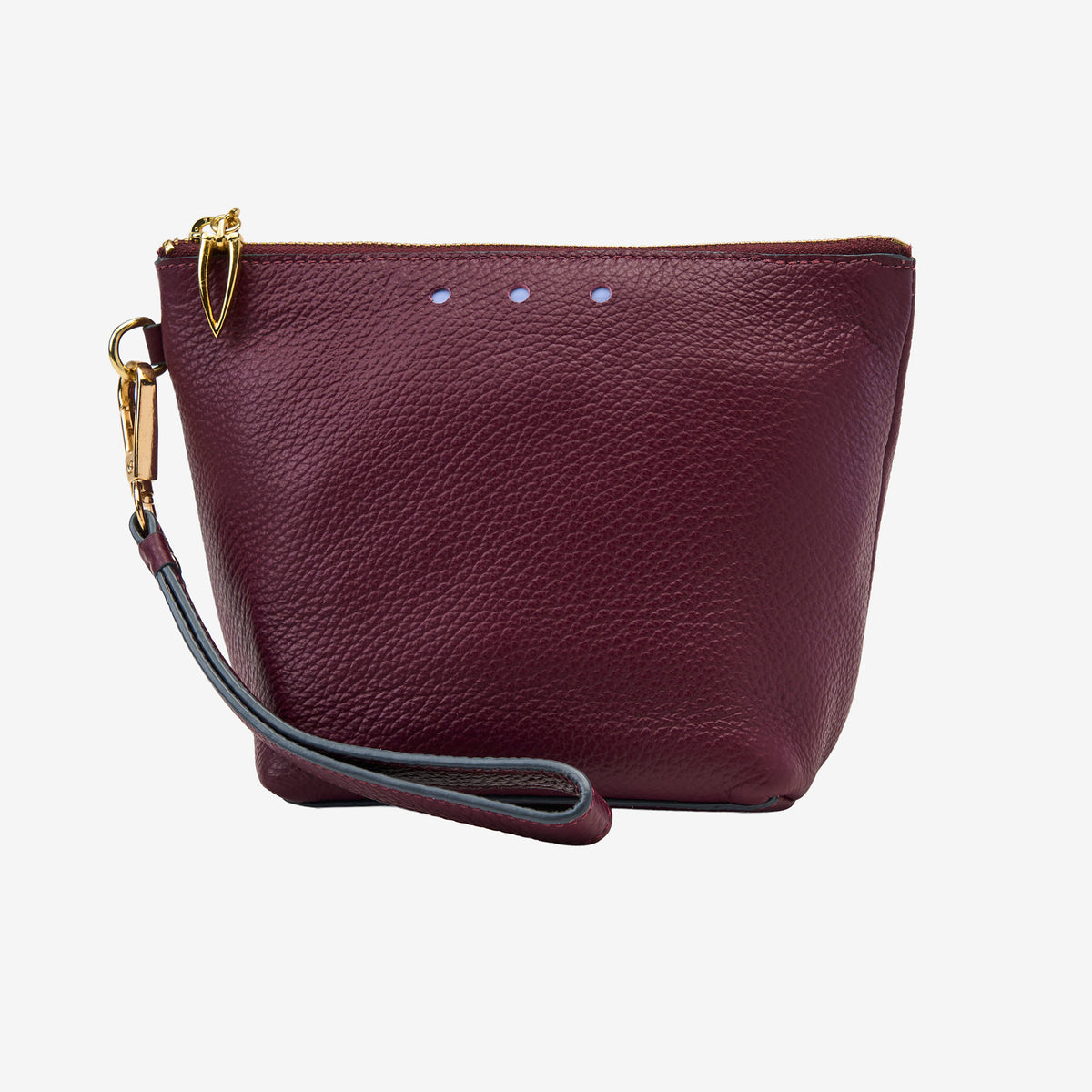 Maroon leather clutch with a strap on a white background - OXBLOOD