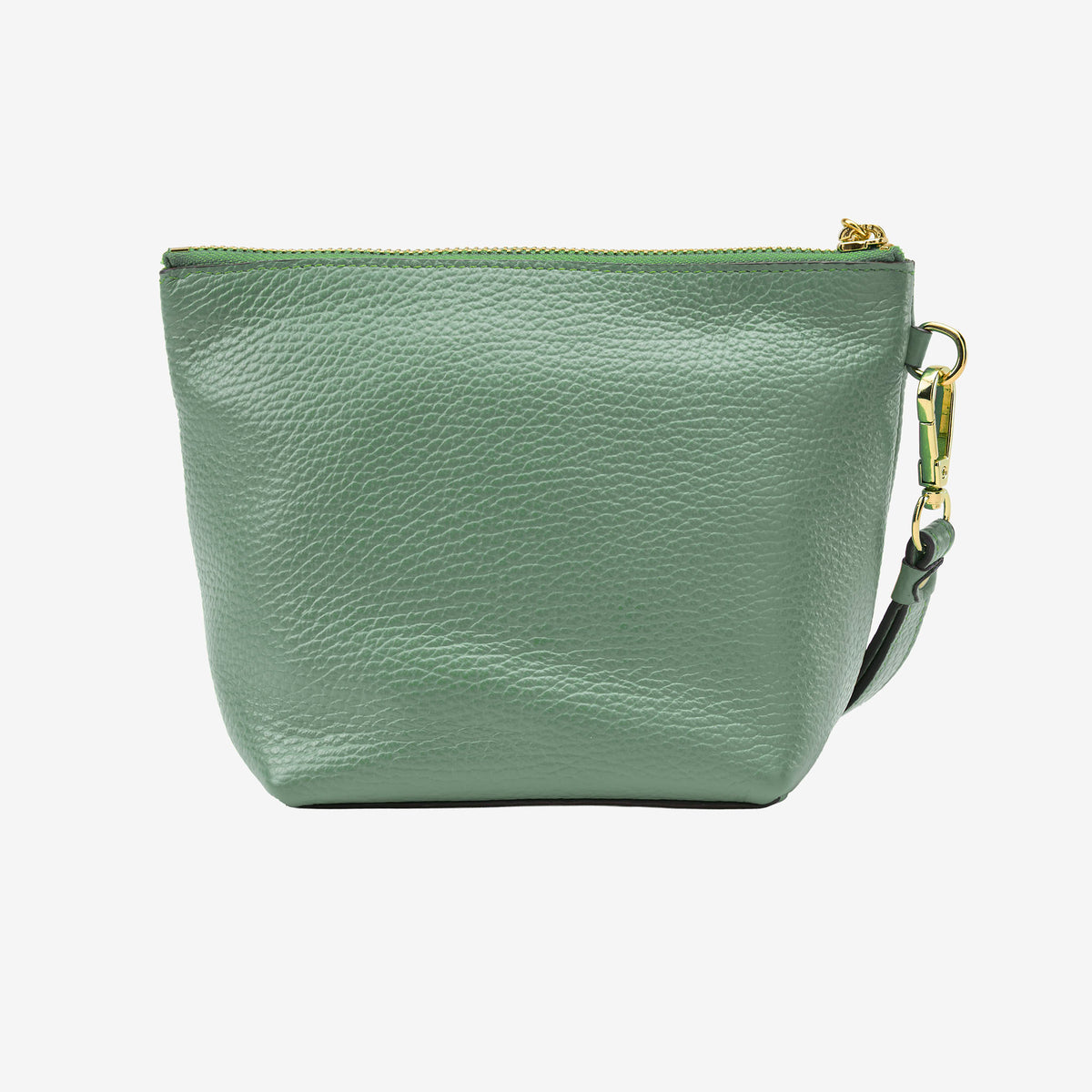 Green leather pouch with a gold zipper on a white background - SAGE