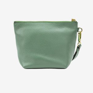 Green leather pouch with a gold zipper on a white background - SAGE