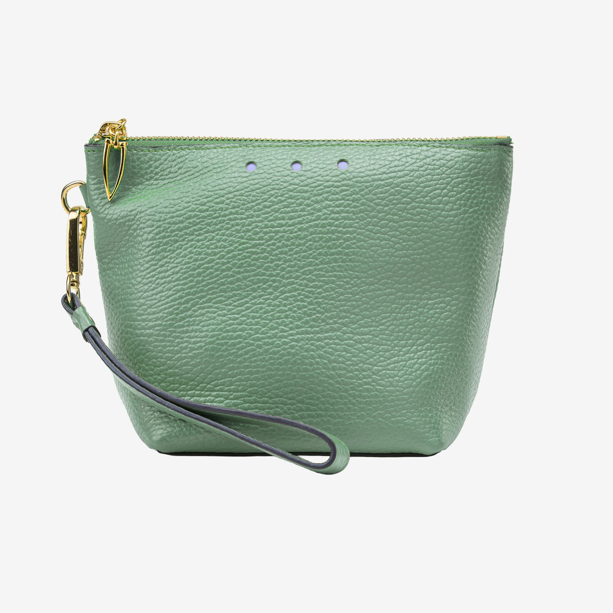 Green leather pouch with a wrist strap on a white background - SAGE