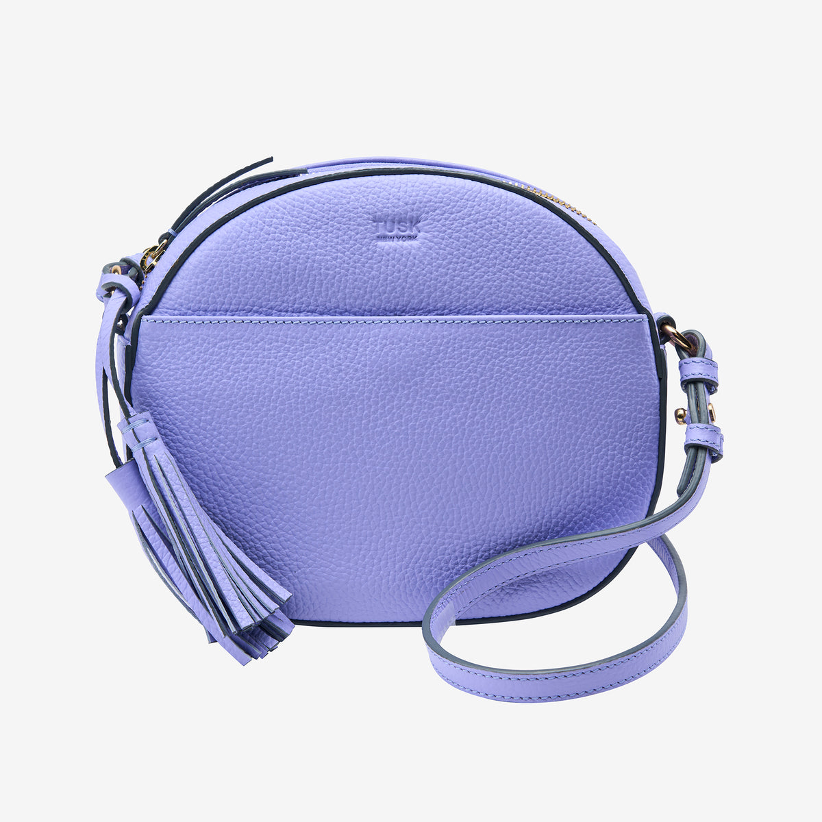 tusk-9900-round-pebble-grain-leather-cross-body-bag-lavender-front - LAVENDER