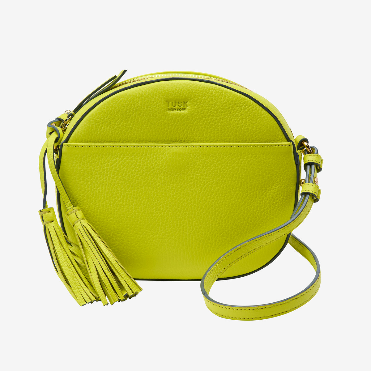 tusk-9900-round-pebble-grain-leather-cross-body-bag-lime-front - LIME