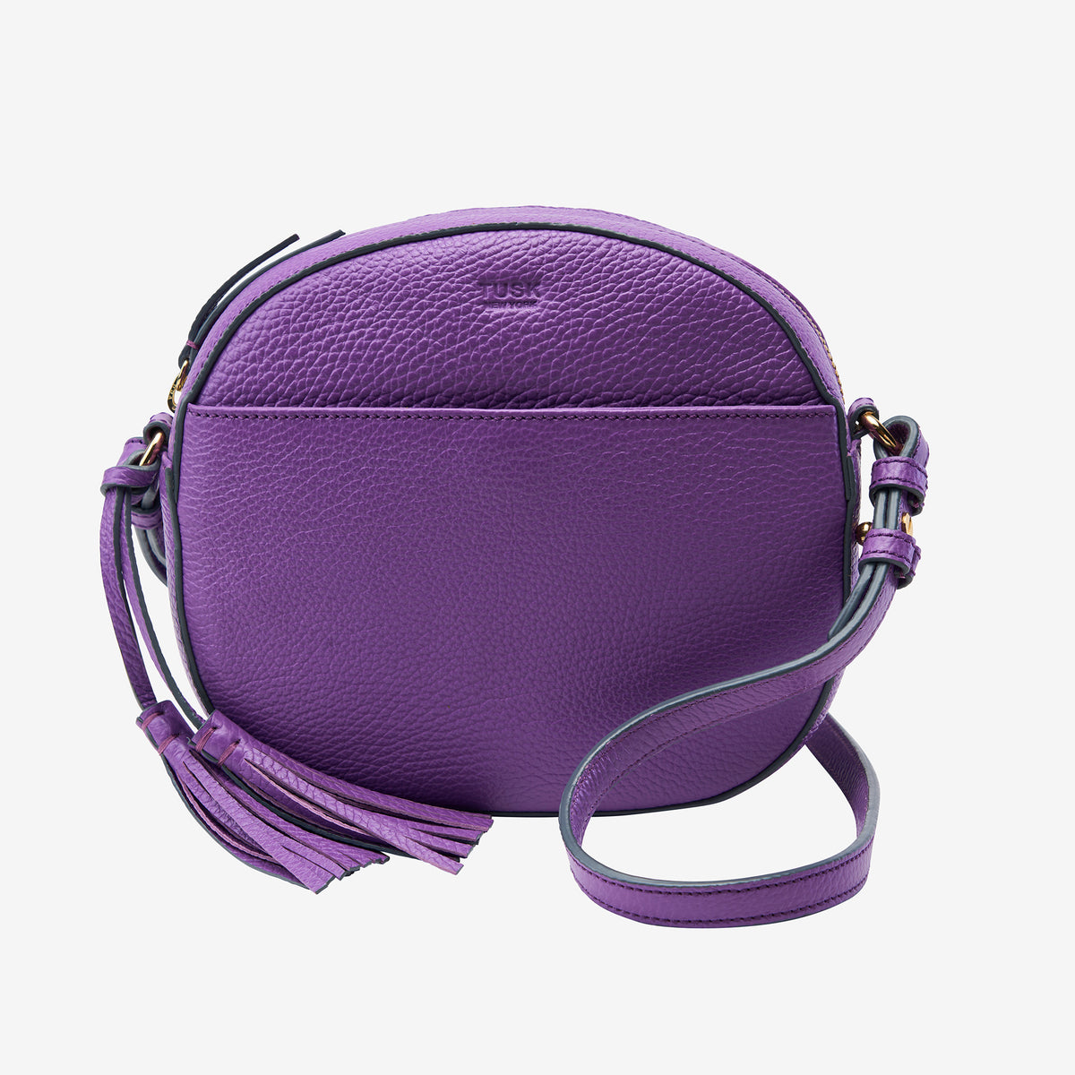 tusk-9900-round-pebble-grain-leather-cross-body-bag-purple-front - PURPLE