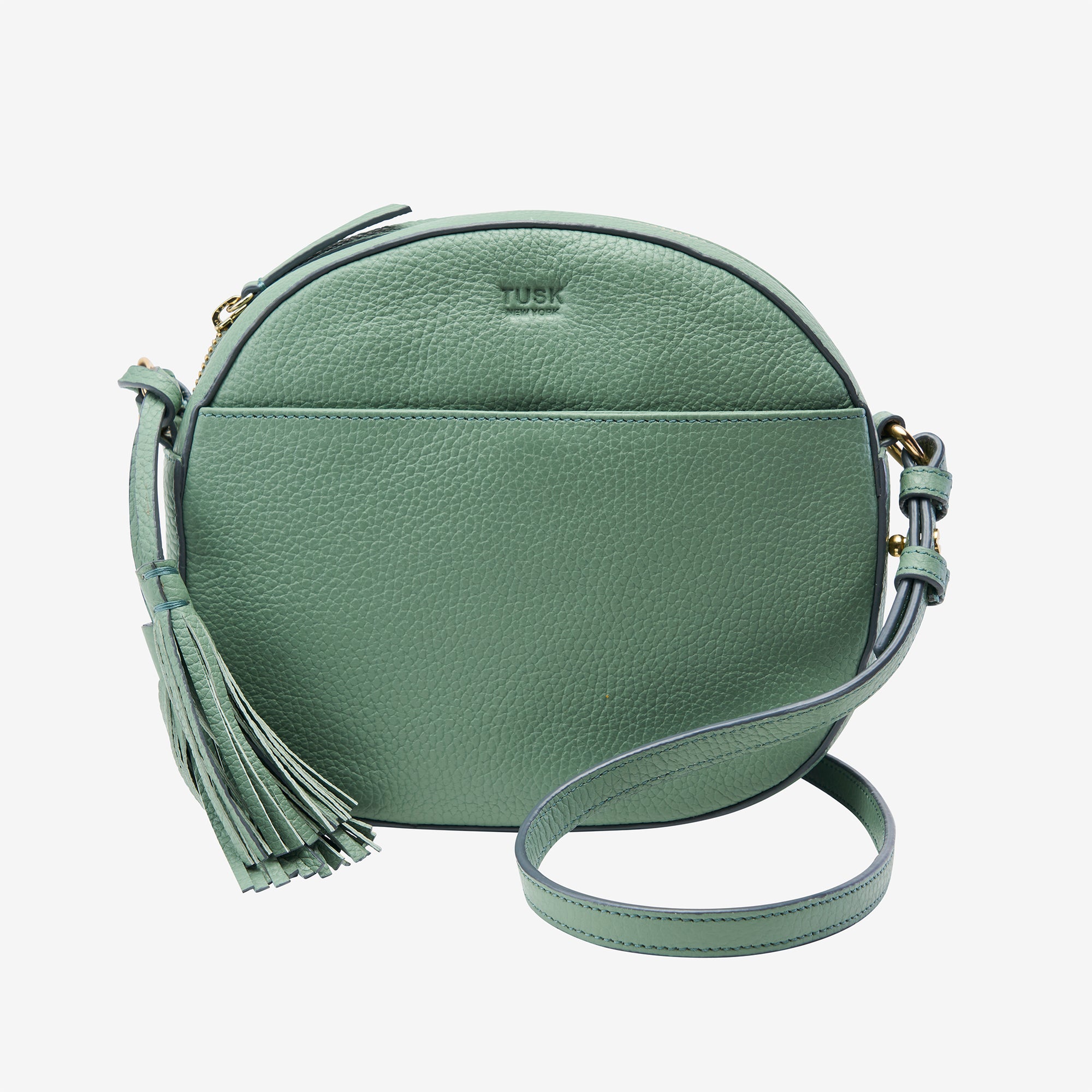 tusk-9900-round-pebble-grain-leather-cross-body-bag-sage-front  - SAGE