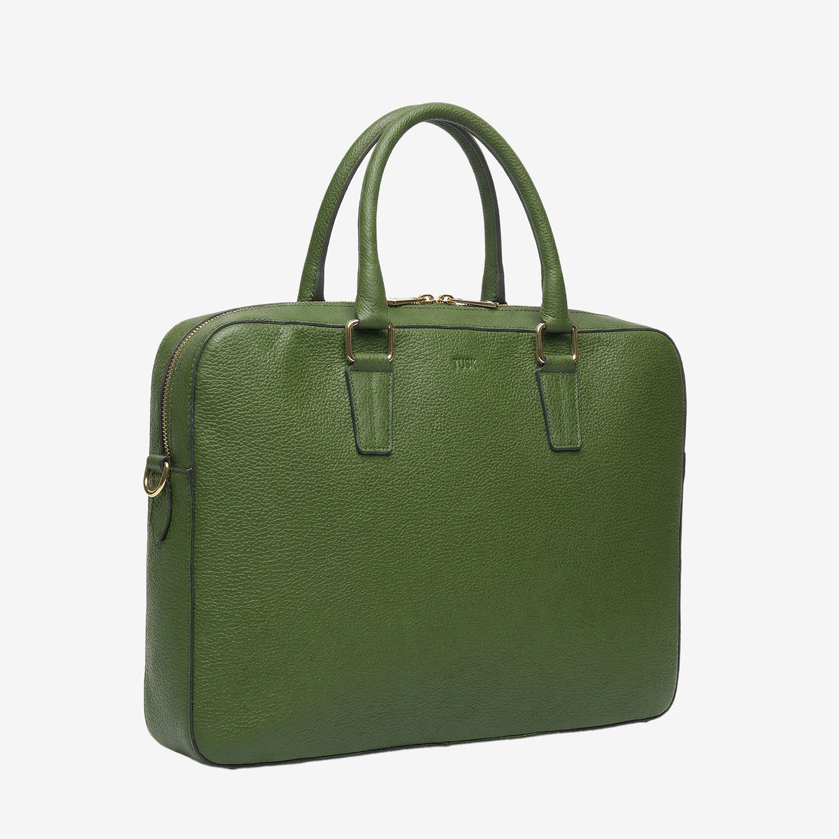 Green leather briefcase on a white background - FOREST