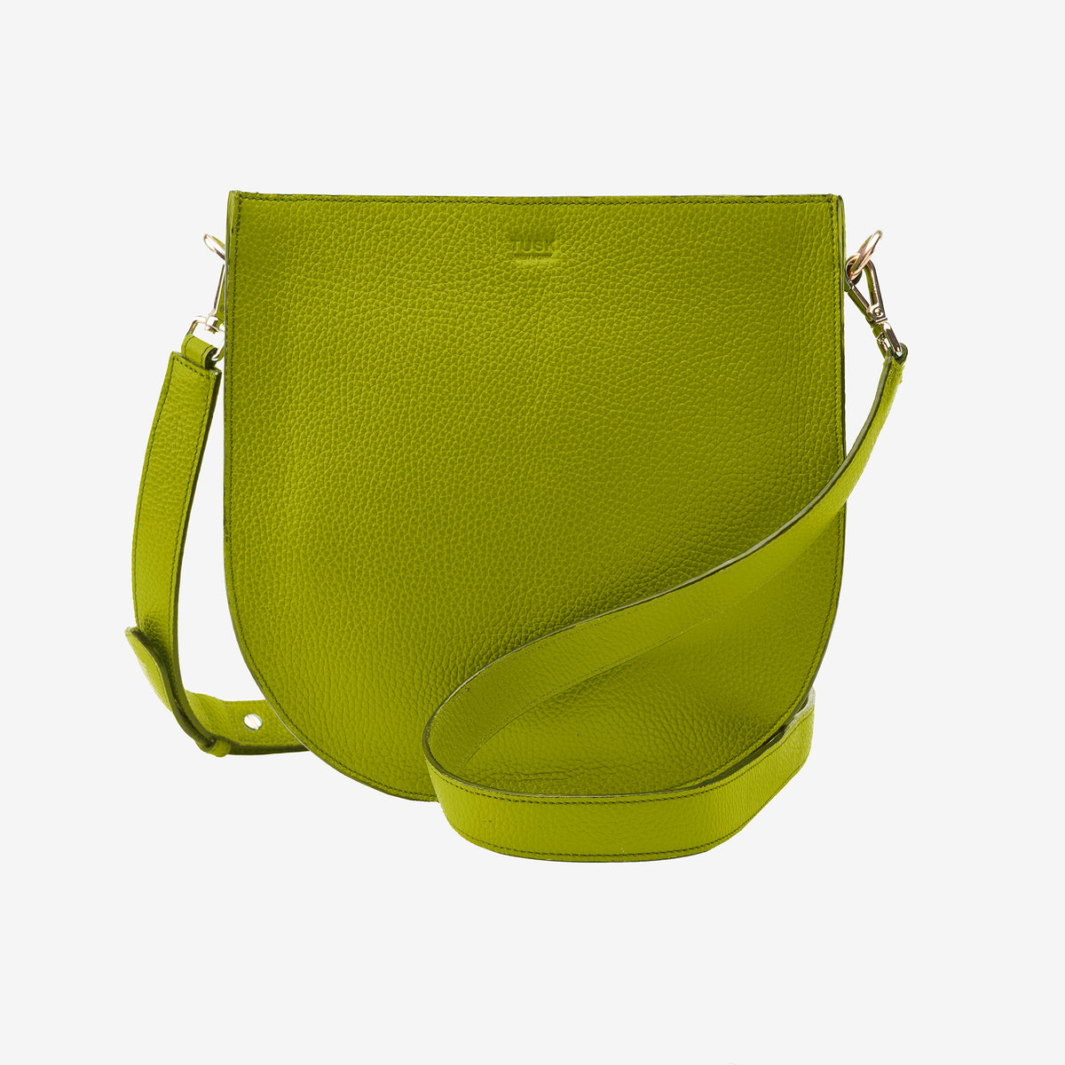 Tusk 9924 Seema Saddle Bag in Italian pebble-grain cowhide leather. Front view showing the shoulder strap - AVOCADO