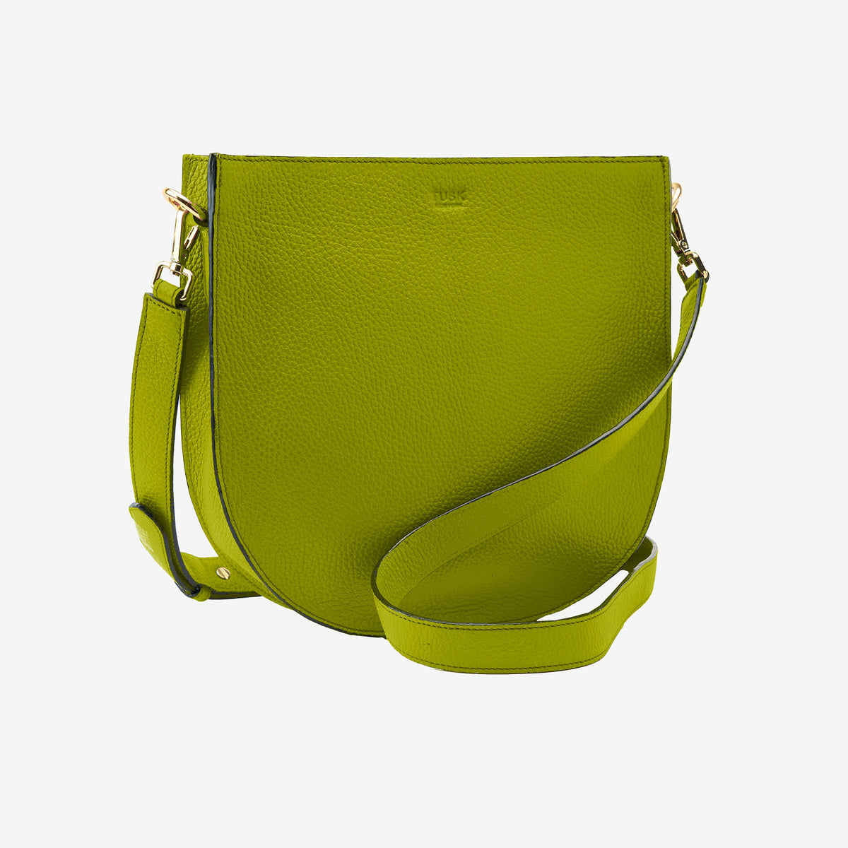 Tusk 9924 Seema Saddle Bag in Italian pebble-grain cowhide leather. Side view showing the bag shape and shoulder strap - AVOCADO
