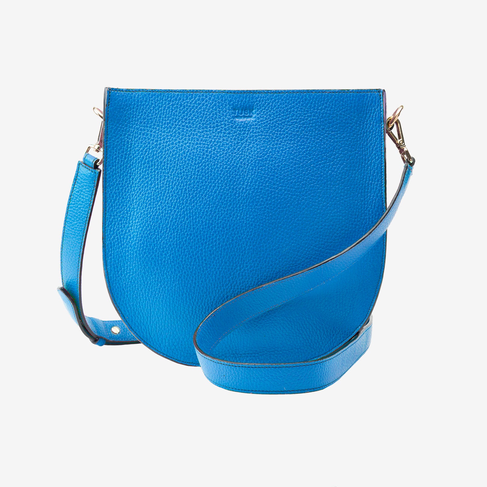 Blue italian leather handbag with a strap on a light gray background - AZURE