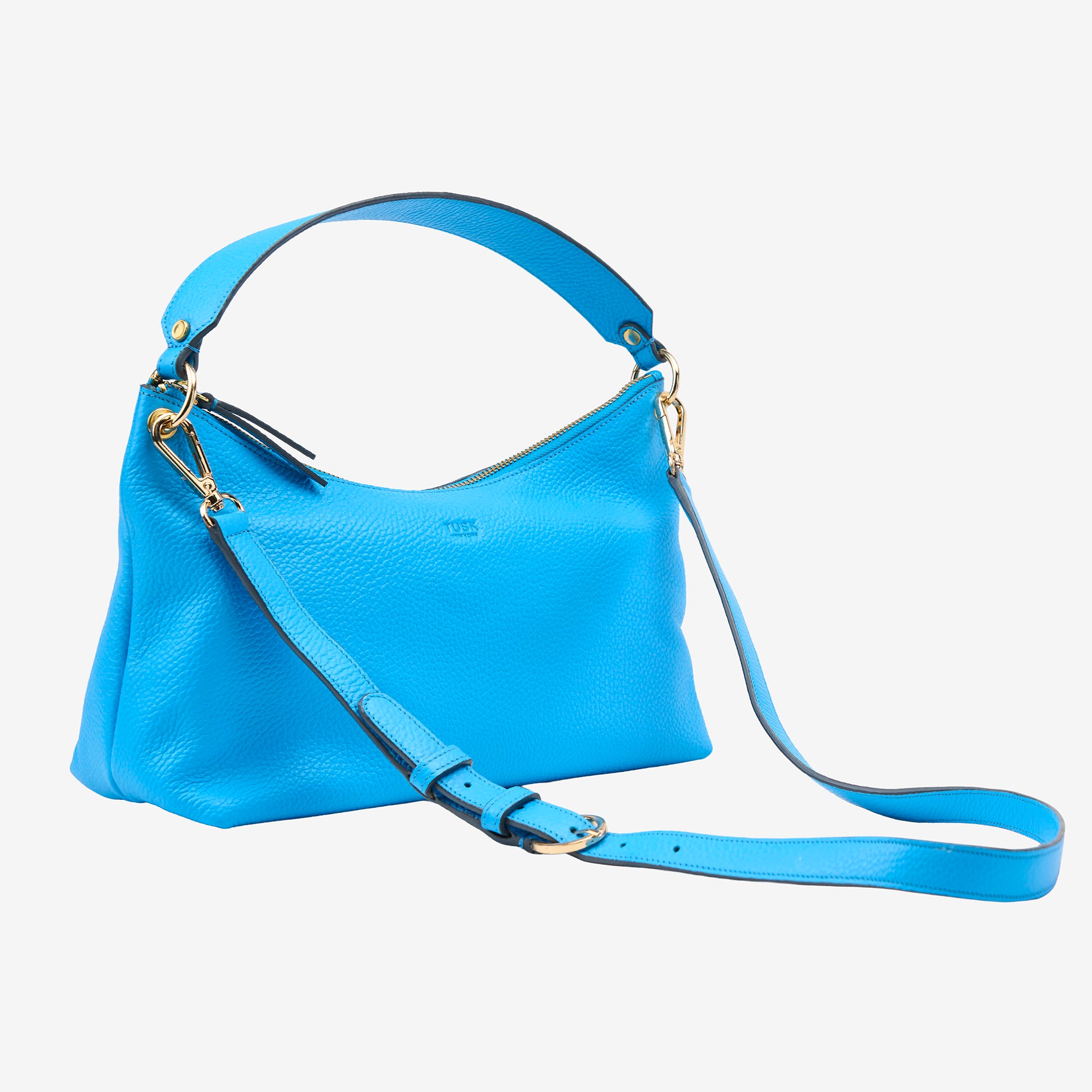 Blue handbag with a strap on a light gray background - AZURE