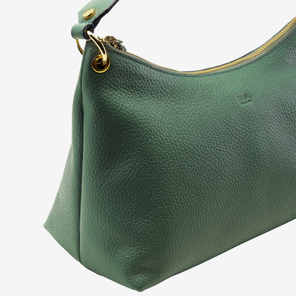 Close up of green handbag with gold zipper on a white background - FOREST