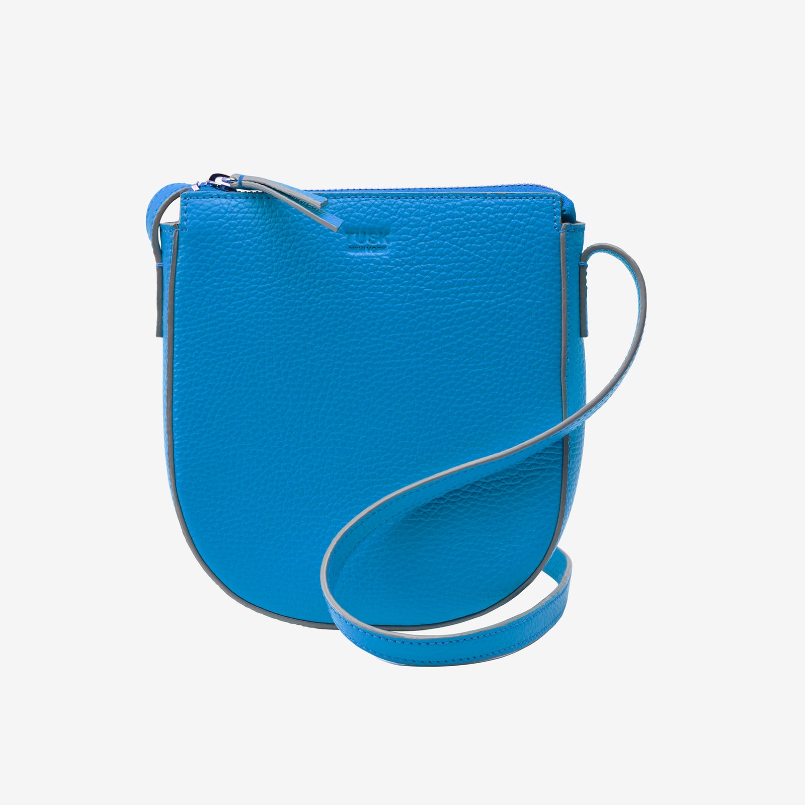 Blue italian eather crossbody bag on a light gray background - AZURE