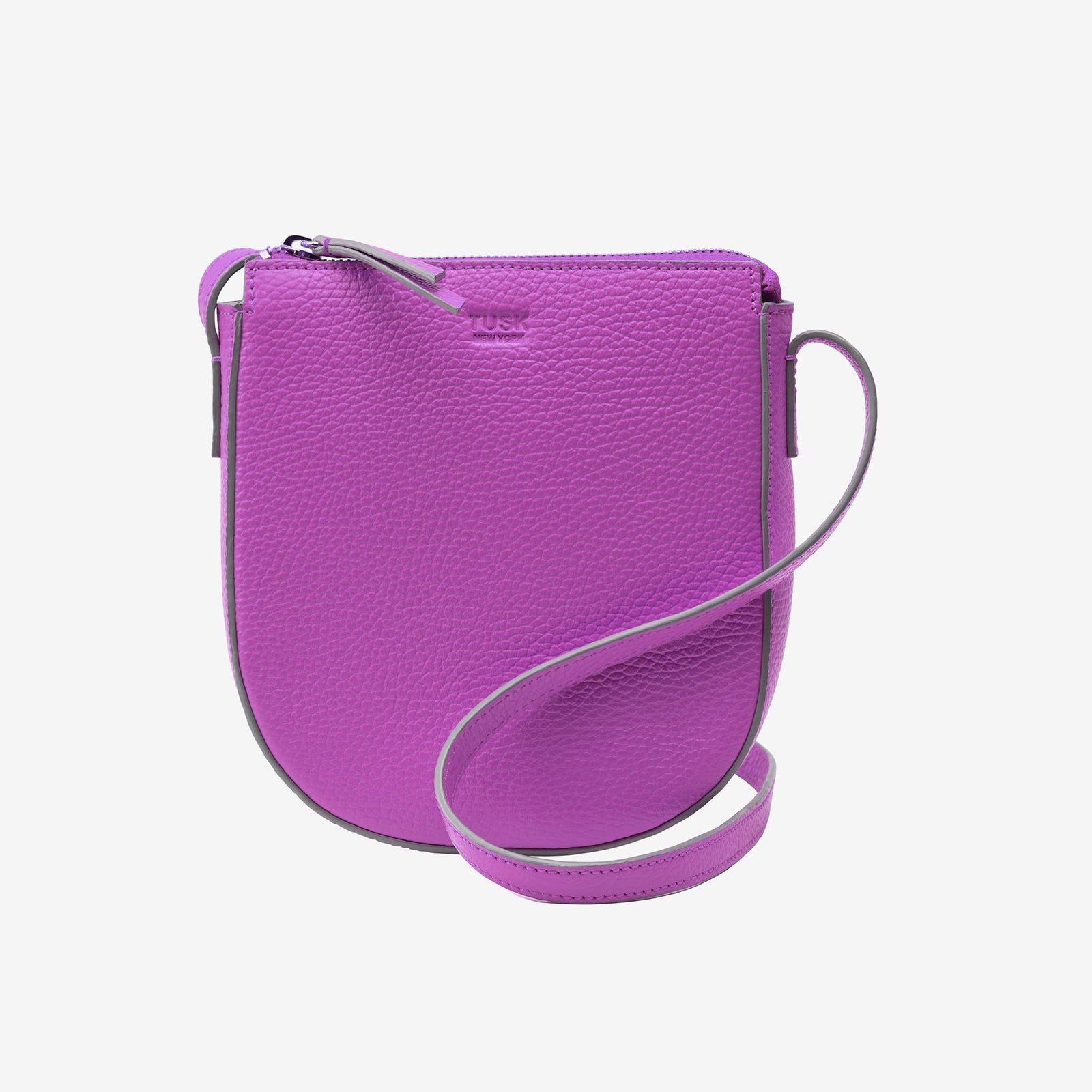 Purple italian leather crossbody bag on a light gray background - MAGENTA