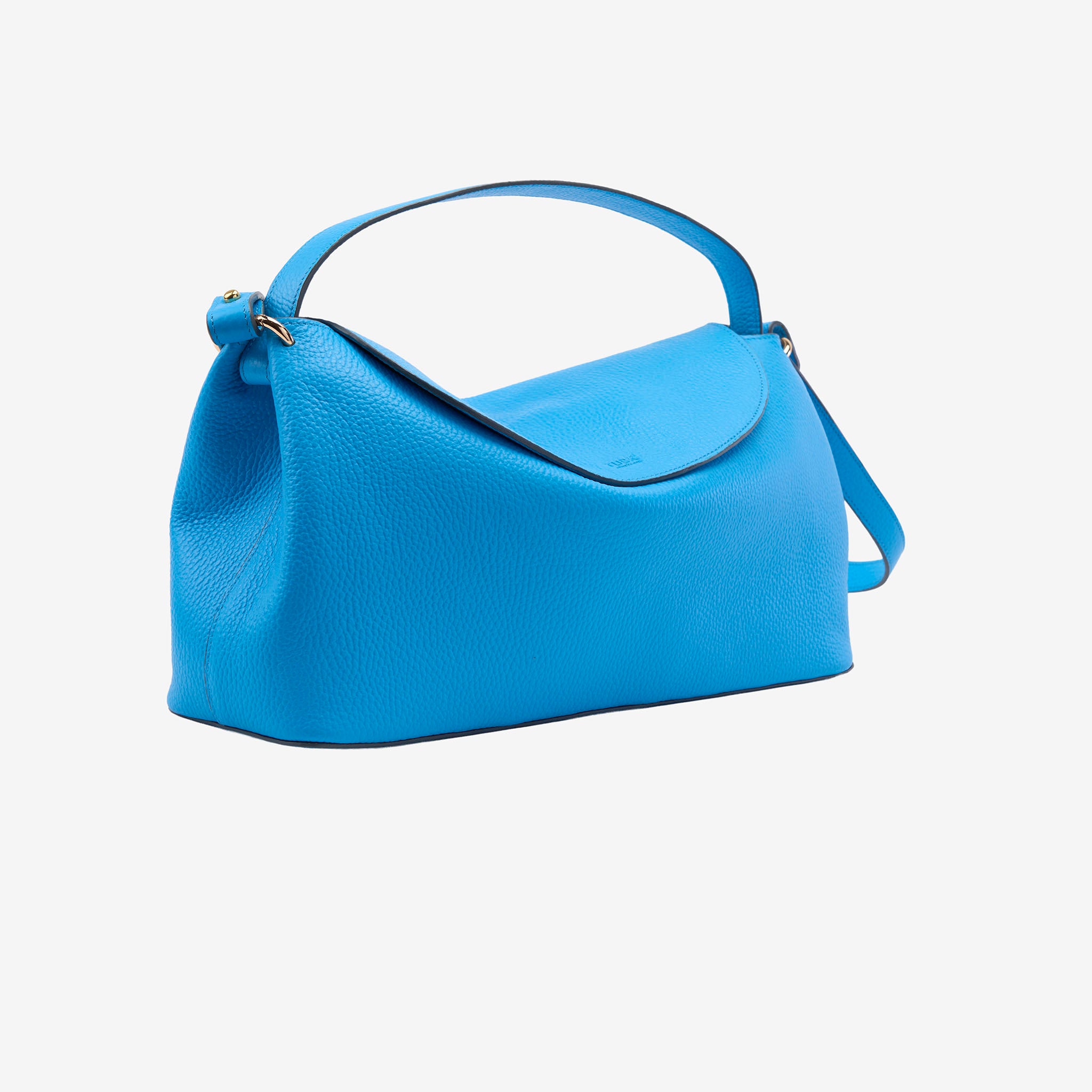 Blue Italian leather handbag slightly angled on a light gray background - AZURE