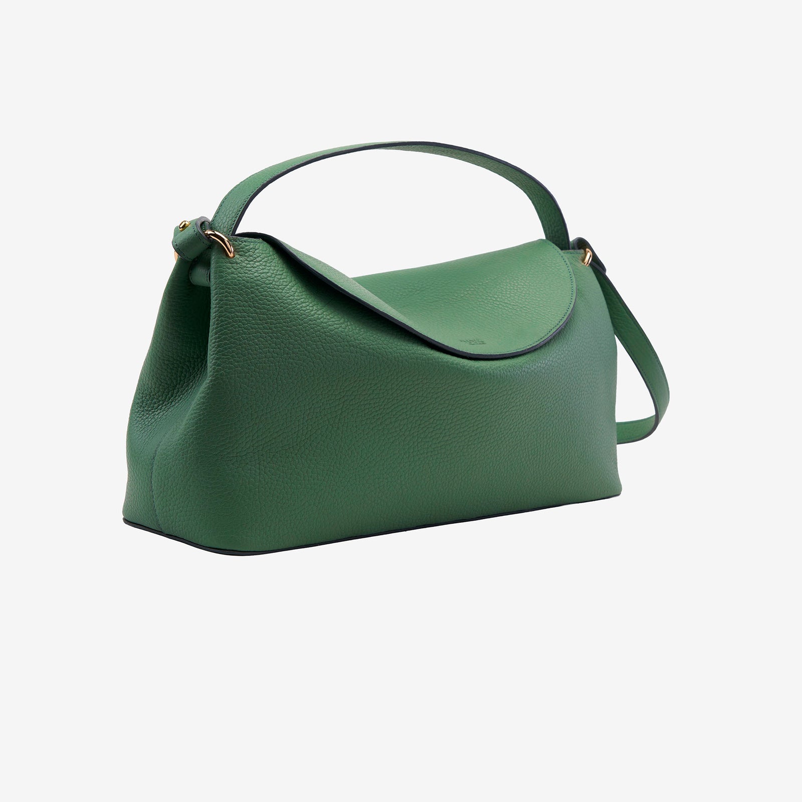 Green leather handbag with a strap on a white background - FOREST